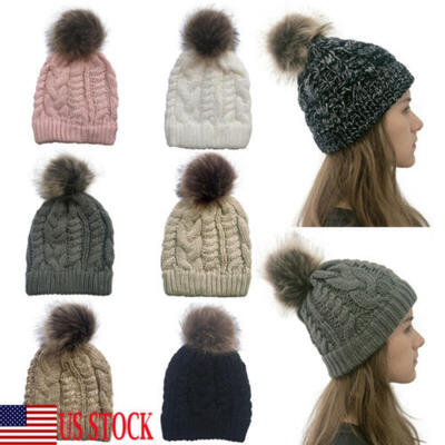 

New Women Warm Cozy Knitted Solid Benie Fur Pom Bobble Skull Cap Winter Hat US