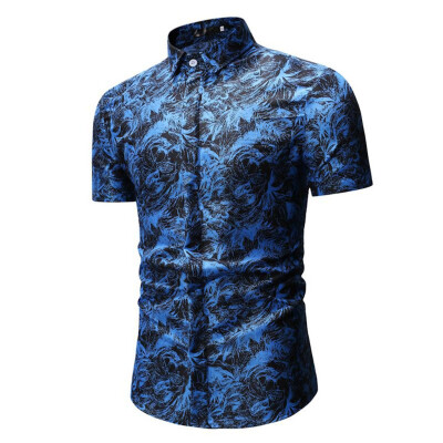 

Tailored Mens Summer Print Turn-Down Collar Slim Fit Short Sleeve Top Shirt Blouse