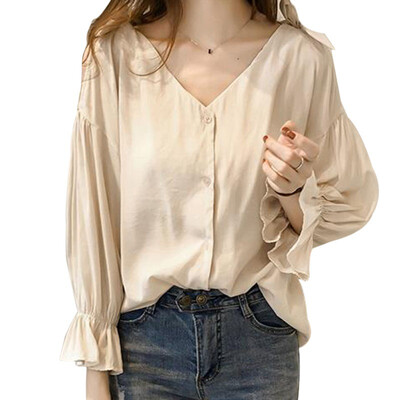 

Women Flare Sleeve Blouse Solid Color V Neck Long Sleeve Cut Out Bow Off-shoulder Tops Female Autumn Elegant Shirt