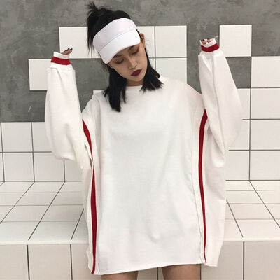 

Loose Casual Patchwork Design Thin Women T-shirt Korean Style Round Neck Long-sleeved Tops