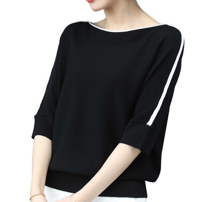 

Striped Knitted T-Shirt Women Fashion Half Sleeve Slash Neck Bottoming Tops Female Elegant Tshirt camiseta mujer
