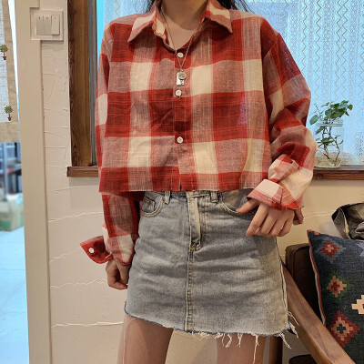 

Vintage Plaid Print Shirt Feminine Elegant Retro Short Loose Single Breasted Long Sleeve Comfort