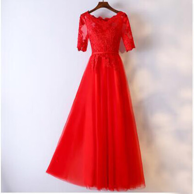 

2018 Long Wine Red Evening Dress The Elegant Lace Appliques Transparent Half Sleeves Formal Prom Dress Robe De Soiree