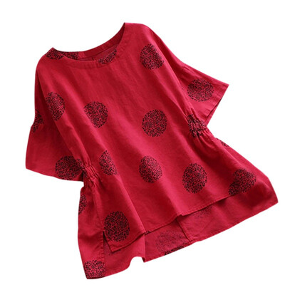 

2019 Summer Women Shirt Casual Loose O-neck Polka Dot Print Blouse Half Sleeve Irregular Hem Waist Slim Ladies Tops Large Size