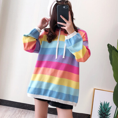 

Rainbow Stripe Hooded Sweater Korean Sweet Knitted Pullover Autumn Knitwear Kawaii Long Sleeve Jumpers Pull Femme