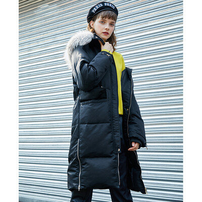 

PASS2018 winter new hem zipper large fur collar down jacket womens long hooded padded cashmere coat 68409PA12015 black M