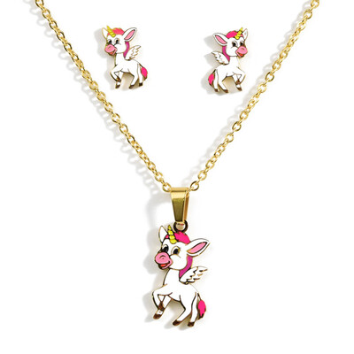 

Colourful Unicorn Necklace Stud Earrings Set Female Temperament Fashion Hypoallergenic Pendant Stud Earrings Festival Gift