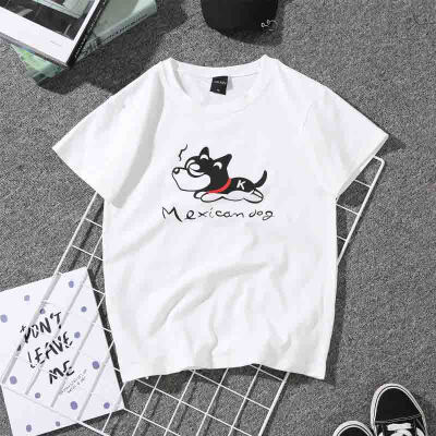 

Large Size Female T-shirt Summer Round Collar Puppy Print Loose Short Sleeve Casual Black WhiteT-Shirt Simple Wild Tops