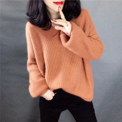 

Winter Fashion Ladies Mohair Thicken Knitting Sweater Solid V-Neck Pullover Pull Femme Jumper Loose Womens Sweater sweter