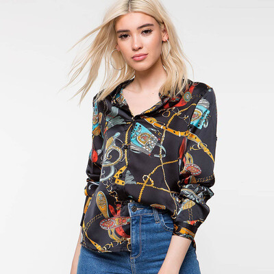 

Fashion Womens Chains Print Turn-down Shirts blouse women Casual Long Sleeve Blouse