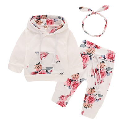 

Infant Baby Girls Clothes Set Baby Long Sleeve Hooded Sweatshirt TopsFloral PantsHairband Outfits Set 2018 New Autumn