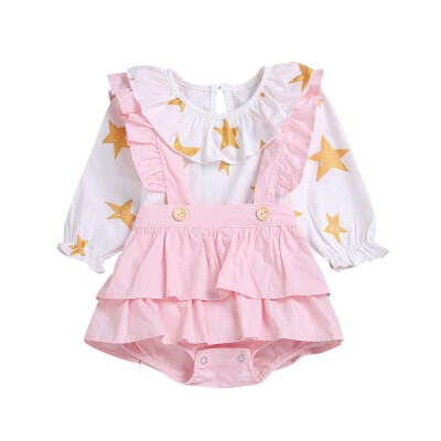 

Summer New Girls Round-neck Ruffled Long-sleeved Printed StarsStrap Children Dresses Suit 100 Cotton Children Clothing