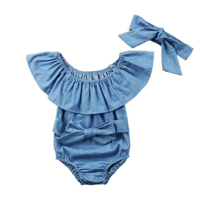 

2Pcs Newborn Kids Ruffles Denim Romper Baby Girls Front Bowknot Headband Jumpsuit Outfits Clothes