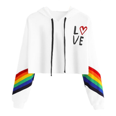 

Fashion Women Spring Autumn Hoodie Long Sleeve Letter Print Rainbow Striped Hooded Pullover Sweatshirt