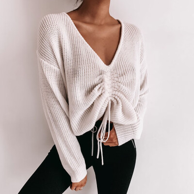 

Gobestart Women Casual Loose Knitting V-Neck Tops Long Sleeve Hollowed Out Sweater