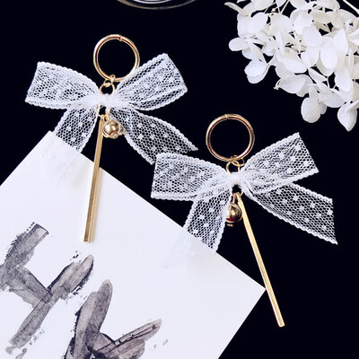 

1 Pair Charm Elegant Women Alloy Lace Embroidery Bow Silk Ribbon Long Earrings