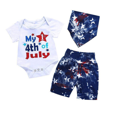 

0-24M Baby Boys 4th Of July Short Sleeve Romper Tops Shorts With Scarf Independence Day Outfits Clothes Set
