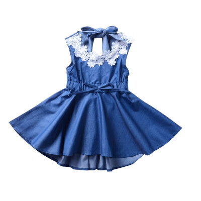 

New Summer Girls Denim A Line Dress Lace Up Bowknot Sleeveless Backless Princess Blue Dress Children Clothing