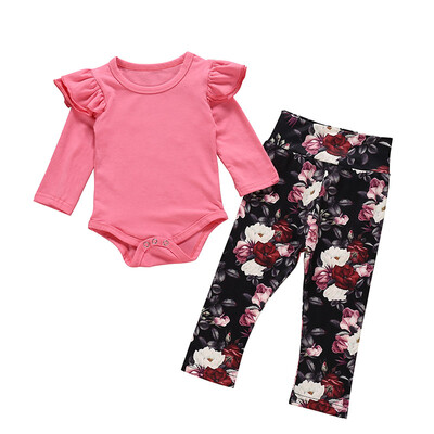 

New Autumn Baby Girl Casual Long Sleeve Cotton Romper Tops Floral Print Pants Outfits Set