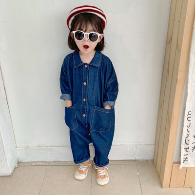 

Baby Clothes 1-7T Children Autumn Winter Button Lapel Long Sleeves Solid Color Girls Boys Denim Jumpsuit Climb Soft Romper