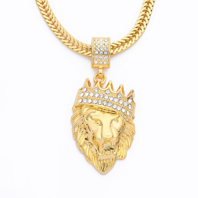 

Rhinestones King Crown Lion Head Pendant Necklace Gold Plated Chain Necklaces