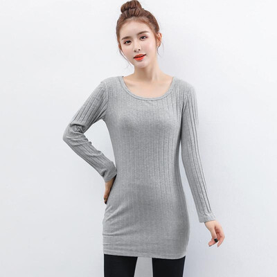 

Women T-shirt Comfortable Stretch Cotton Blends Ribbed Round Neck Long Sleeve Slim Casual Basic Tops