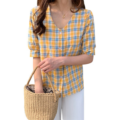 

Women Summer Blouse V-Neck Button Up Plaid Print Blouse Tops Short Sleeve Shirt Elegant Office Lady preppy style