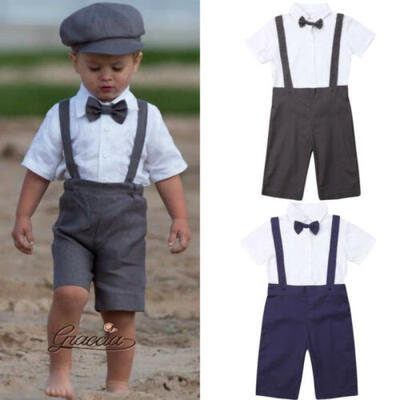 

US Newborn Kids Baby Boy Gentleman Shirt TopsBib ShortsTie Clothes Outfits Set