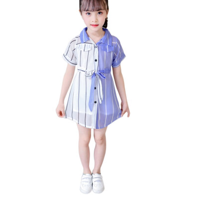 

New Casual Long Sleeve Buttons Shirt Dresses Striped Girls Kids Dress Clothes 3-12Y baby girl dress