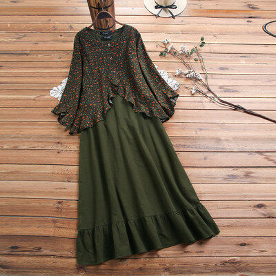 

Tailored Women Plus Size Ladies Vintage Print Slim Long Sleeve Casual Long Dress