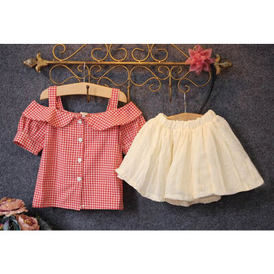 

Children Girls Clothes Princess Off-the-shoulder Short-sleeved Plaid T-shirt Short Skirt 2PCS Cotton Suit