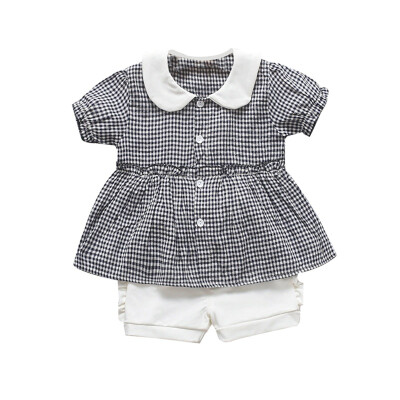 

Childrens Clothing Summer Baby Girls Casual Short Sleeve Plaid Pattern Turndown Collar T-shirt TopsShorts Suits Costume Set