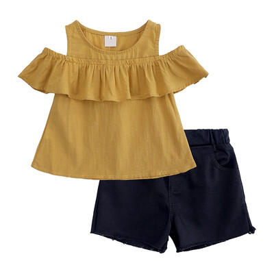 

Newborn Baby Girl Clothes Set Cute Strapless Shoulder Yellow Tops Black Shorts Cotton 2PCS Girl Clothing Outfits 0-4t