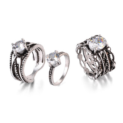 

3 Pcs Set Retro Cutout Line Inlay Gemstone Rings Women Silver Diamond Engagement Ring Valentine Day Gift