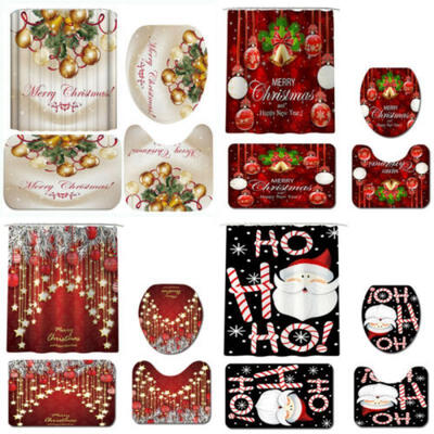 

Modern Bathroom Christmas Shower Curtain & 3pcs 4pcs Mat Set Toilet Cover USA
