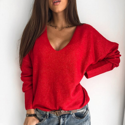 

new autumn winter Women v-neck solid Sweater Pullover Female Knitted sweaters Jumper casual Knitwear Pull Femme jersey