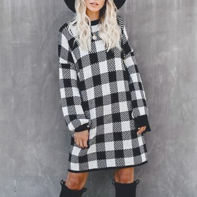 

Tailored Womens Mini Dress Round Neck Casual Popular Elegant Long Sleeve Plaid Dress