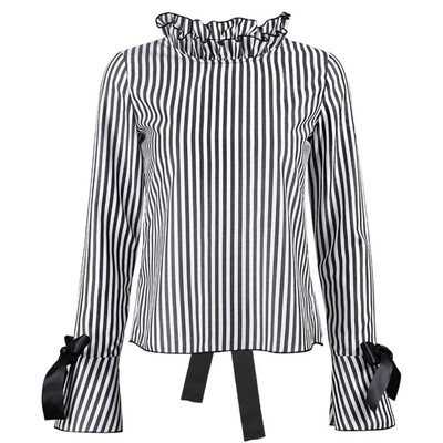 

WEIXINBUY European Style Off Back Striped Bow Blusas Full Puff Sleeve Blouse Ruffled Sexy Lace-up Cross Women Tops
