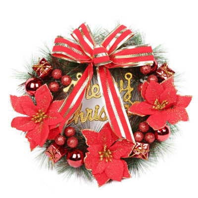 

40cm Christmas Wreath With Merry Christmas Sign Decorative Balls Poinsettia And Bowknot Holiday Front Door Wall Window