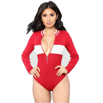 

Autumn&Winter New Rompers Sexy Zipper Patchwork Colors Slim Long sleeved Jumpsuit