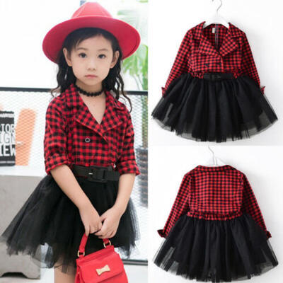

Kids Baby Girl Long Sleeve Dress Plaids Tutu Skirt Party Princess Formal Outfits