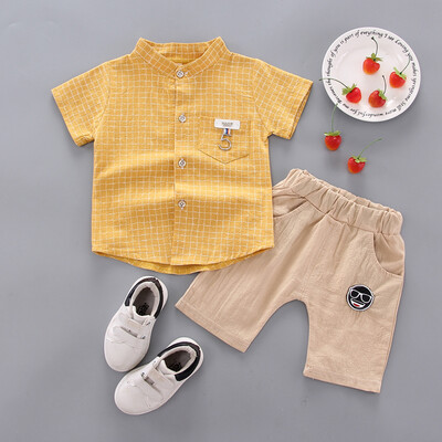 

Summer Baby Boys Children Casual Short Sleeve Plaid Print T-shirt TopsShorts Costume Set