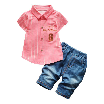 

Summer Children Baby Boys Casual Short Sleeve Letter Embroidery Stripe Shirt Tops Denim Shorts Costume Set