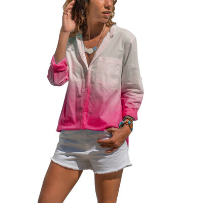 

Gradient color printing fashion V-neck long-sleeved blouse loose casual top single-breasted fashion shirt