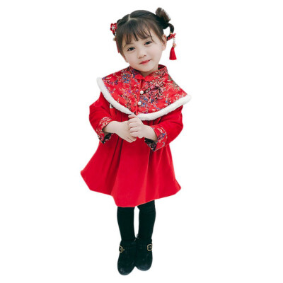 

New Year Party Dress Baby Girl Autumn Winter Warm Cute Wool Plus Velvet Print Stand Collar Princess Long-Sleeved Sweet Dress