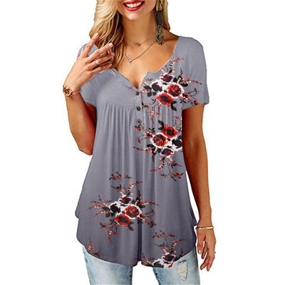 

Summer Women Flower Print Button V Neck Short Sleeve T-Shirt Pleated Loose Top