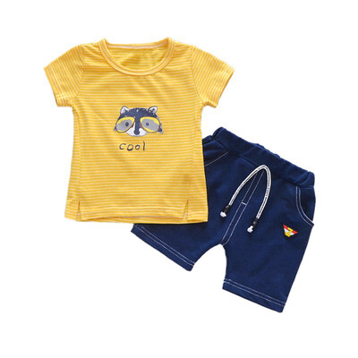 

Hot children suit cartoon little fox striped short-sleeved shorts suit cottondenim leather for 0-5 years old