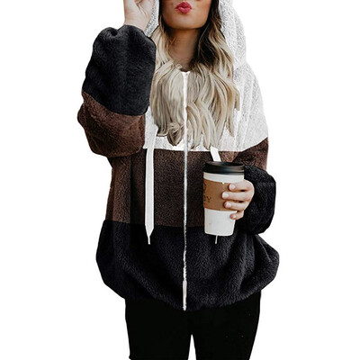 

Toponeto Womens Plus size Contrast Color Stitching Lapper Pocket Long-Sleeved Plush Coat