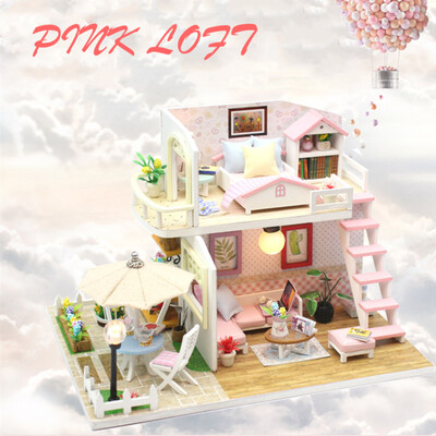 

Siaonvr Wooden DIY Miniature DollHouse Pink Loft LED Puzzle Decorate Creative Gifts