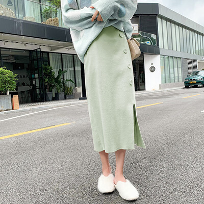 

Spring Autumn Knitted Hip Skirt Split Slim Solid Color High Waist Mid-calf Female Korean Style Preppy Skirts